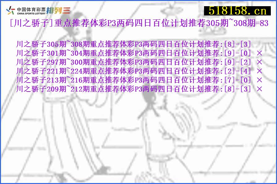 [川之骄子]重点推荐体彩P3两码四日百位计划推荐305期~308期=83