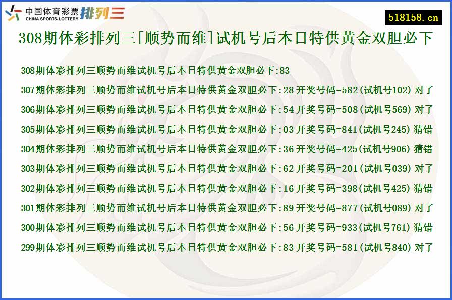 308期体彩排列三[顺势而维]试机号后本日特供黄金双胆必下