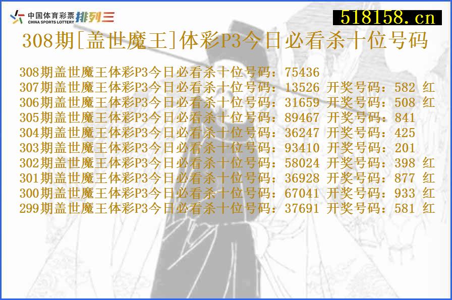 308期[盖世魔王]体彩P3今日必看杀十位号码