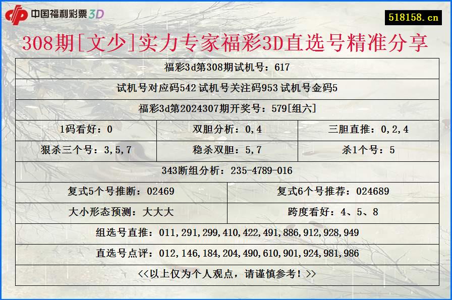 308期[文少]实力专家福彩3D直选号精准分享