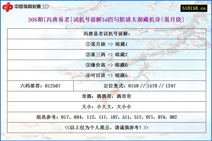 308期[冯唐易老]试机号前解3d四句胆谜太湖藏机诗[蛋月烧]