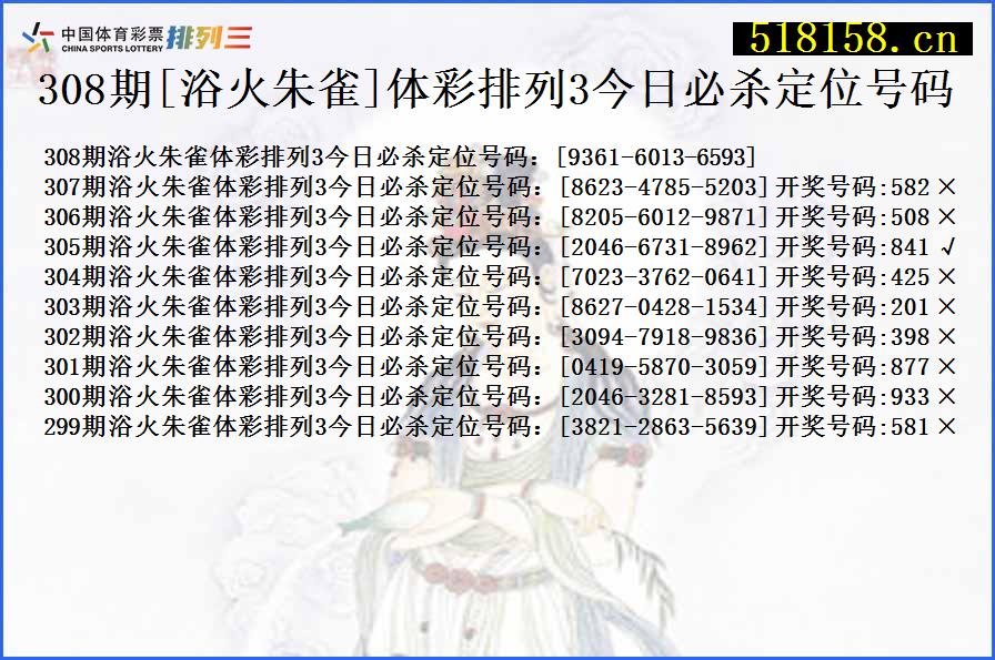 308期[浴火朱雀]体彩排列3今日必杀定位号码