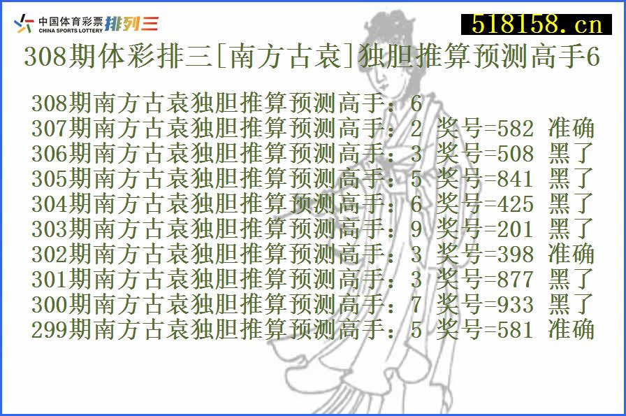 308期体彩排三[南方古袁]独胆推算预测高手6