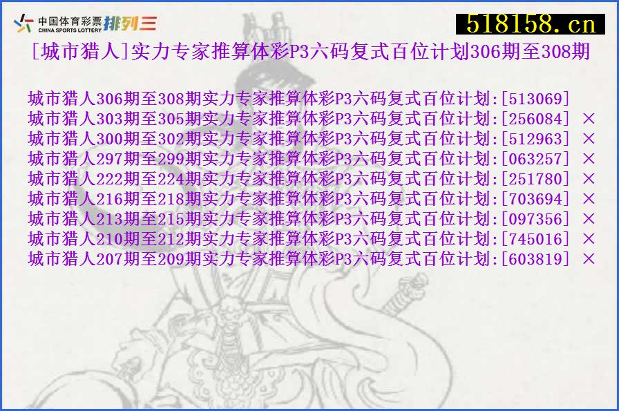 [城市猎人]实力专家推算体彩P3六码复式百位计划306期至308期