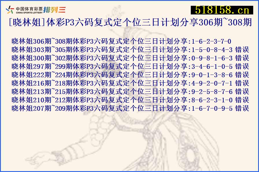 [晓林姐]体彩P3六码复式定个位三日计划分享306期~308期