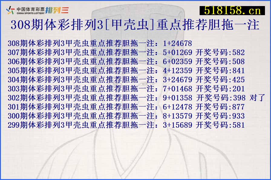 308期体彩排列3[甲壳虫]重点推荐胆拖一注