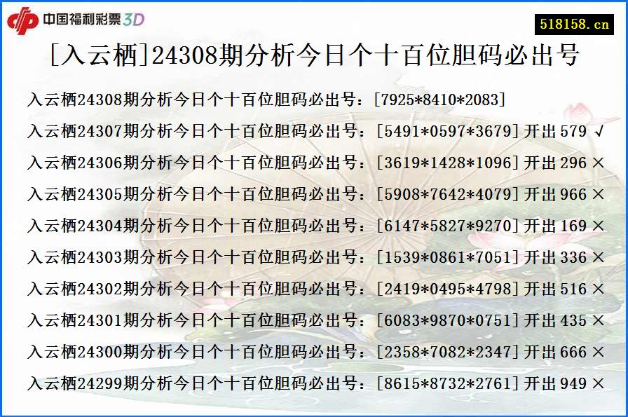 [入云栖]24308期分析今日个十百位胆码必出号