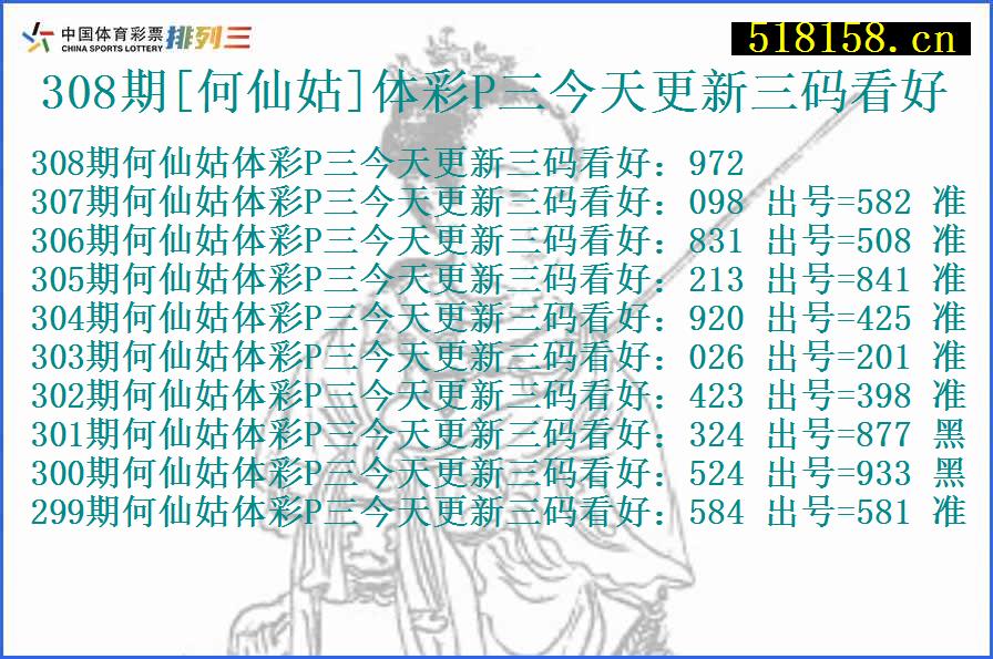 308期[何仙姑]体彩P三今天更新三码看好