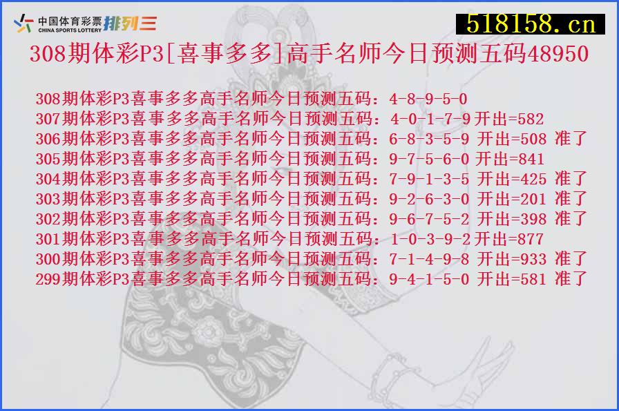 308期体彩P3[喜事多多]高手名师今日预测五码48950