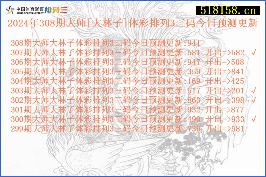 2024年308期大师[大林子]体彩排列3三码今日预测更新