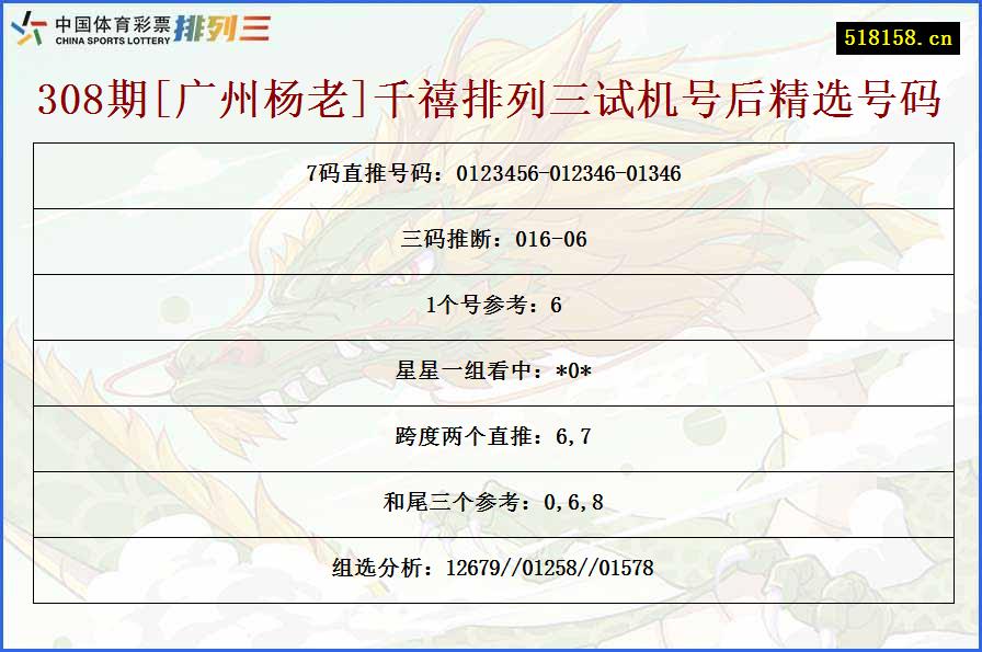 308期[广州杨老]千禧排列三试机号后精选号码