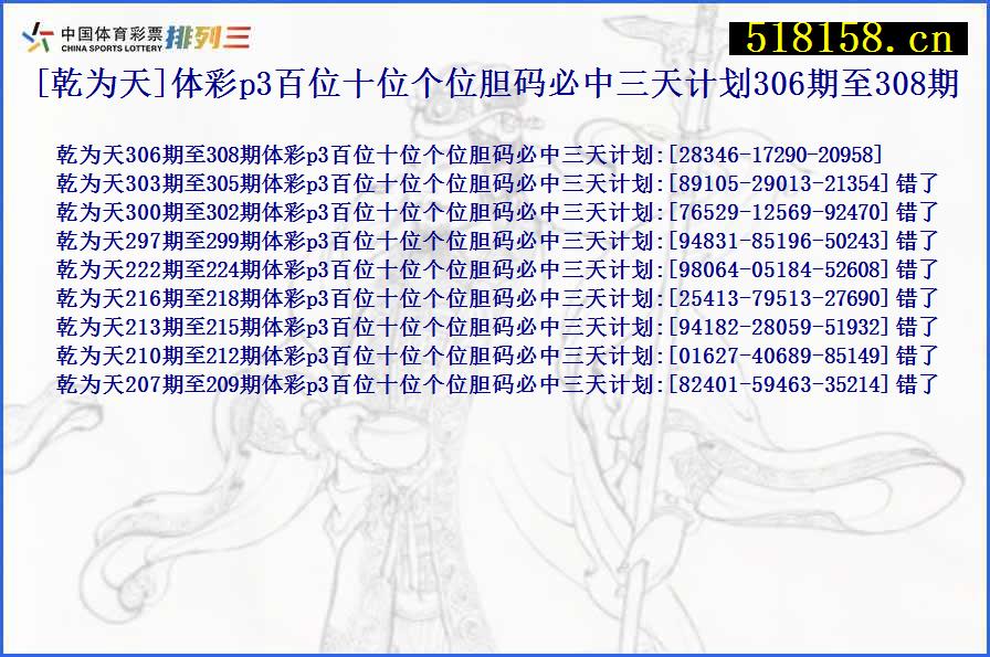 [乾为天]体彩p3百位十位个位胆码必中三天计划306期至308期