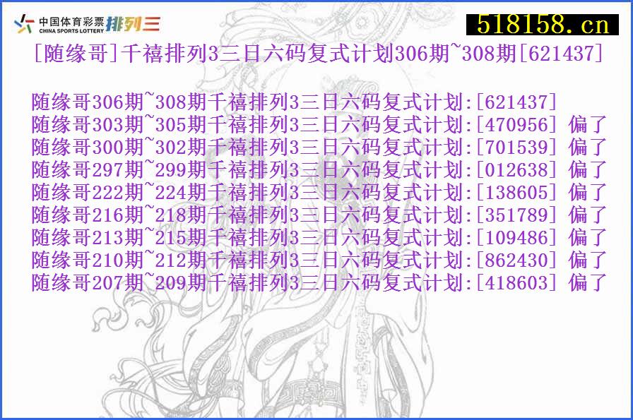 [随缘哥]千禧排列3三日六码复式计划306期~308期[621437]