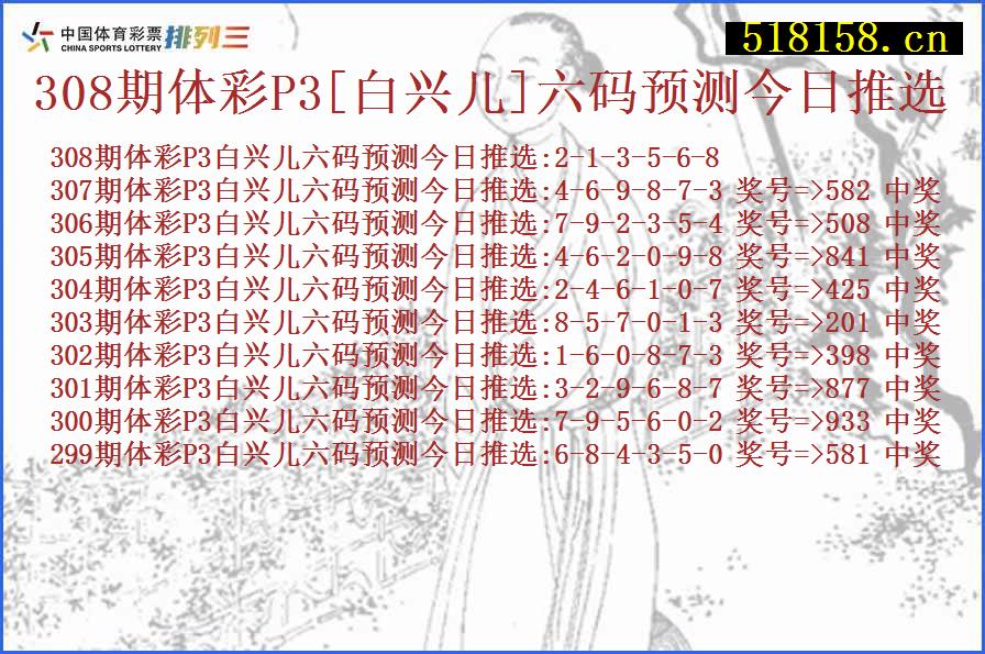 308期体彩P3[白兴儿]六码预测今日推选