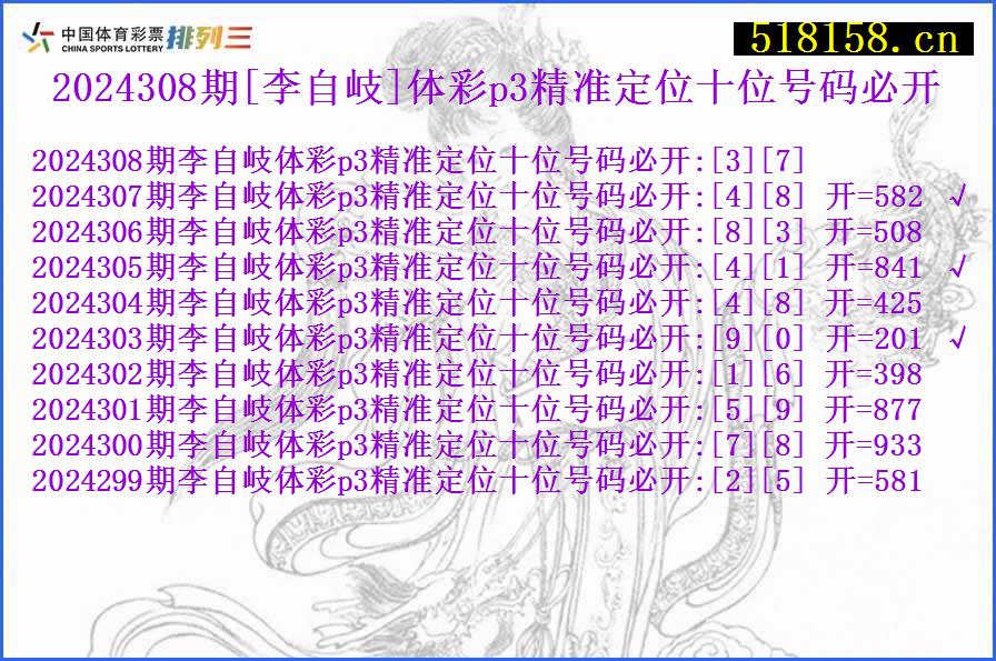 2024308期[李自岐]体彩p3精准定位十位号码必开