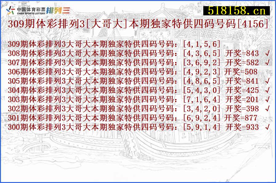 309期体彩排列3[大哥大]本期独家特供四码号码[4156]