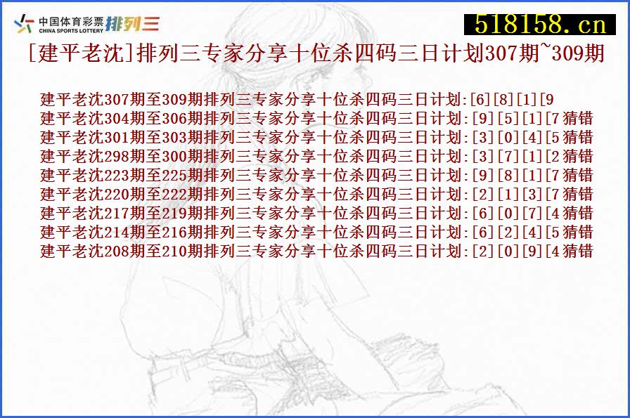 [建平老沈]排列三专家分享十位杀四码三日计划307期~309期