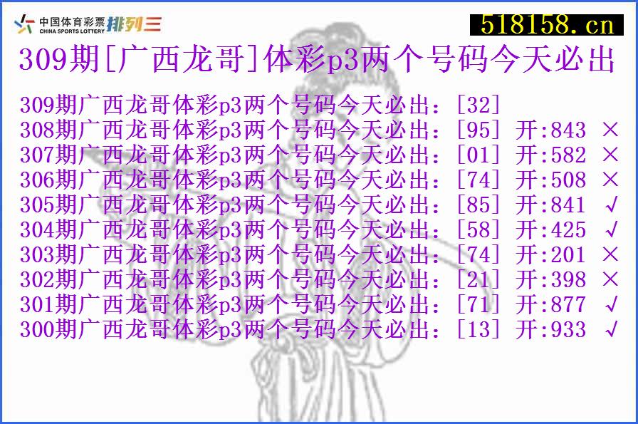 309期[广西龙哥]体彩p3两个号码今天必出