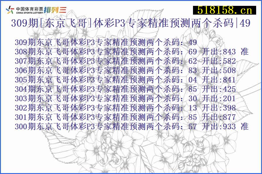 309期[东京飞哥]体彩P3专家精准预测两个杀码|49