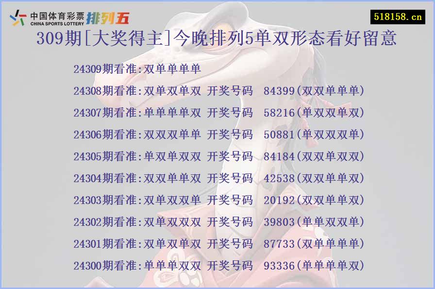 309期[大奖得主]今晚排列5单双形态看好留意