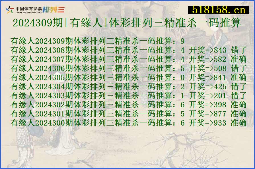 2024309期[有缘人]体彩排列三精准杀一码推算