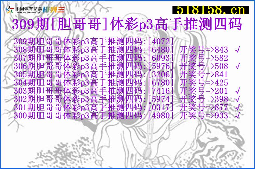 309期[胆哥哥]体彩p3高手推测四码