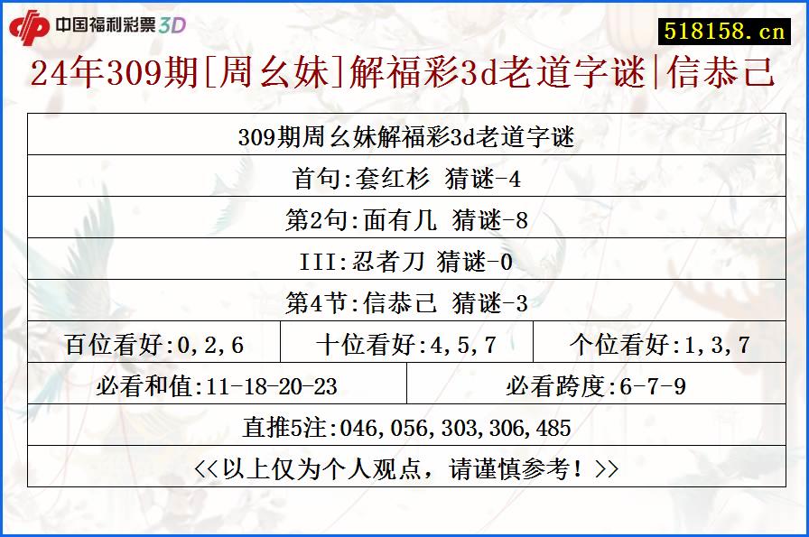 24年309期[周幺妹]解福彩3d老道字谜|信恭己