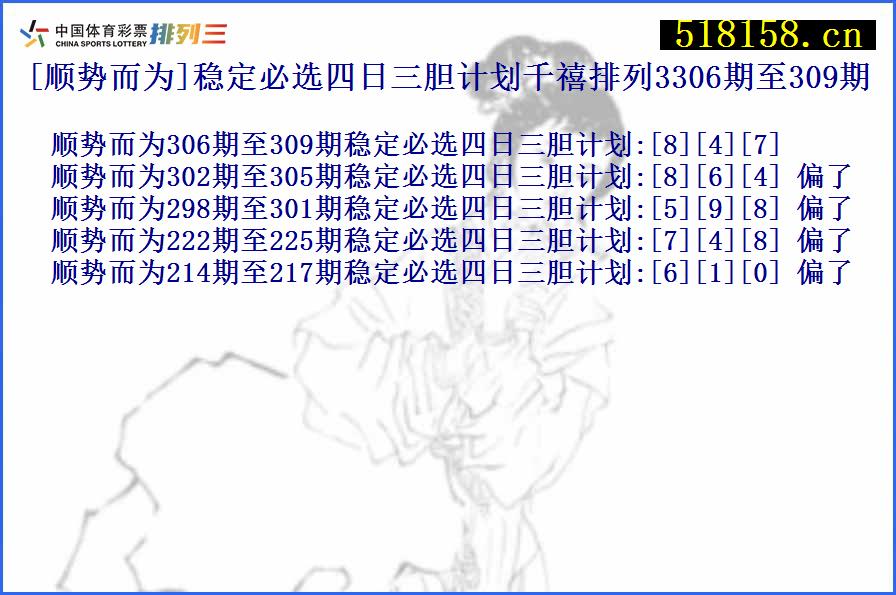 [顺势而为]稳定必选四日三胆计划千禧排列3306期至309期