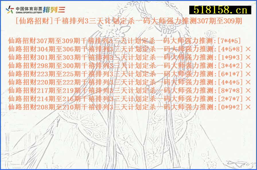 [仙路招财]千禧排列3三天计划定杀一码大师强力推测307期至309期