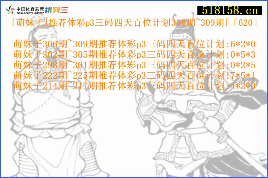 [萌妹子]推荐体彩p3三码四天百位计划306期~309期[「620」