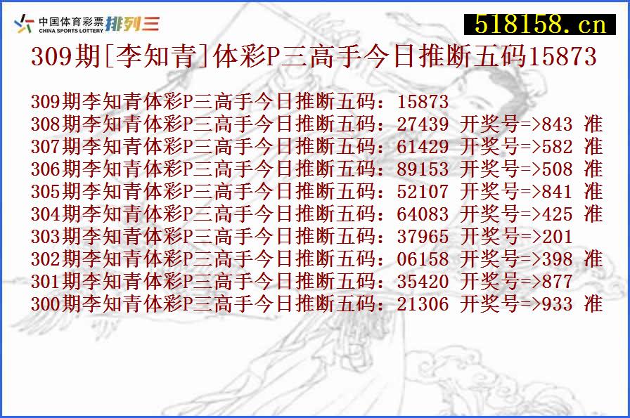 309期[李知青]体彩P三高手今日推断五码15873