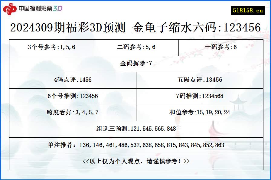 2024309期福彩3D预测 金龟子缩水六码:123456