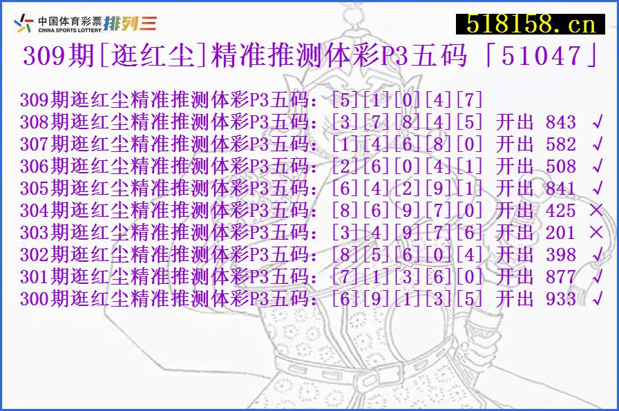 309期[逛红尘]精准推测体彩P3五码「51047」