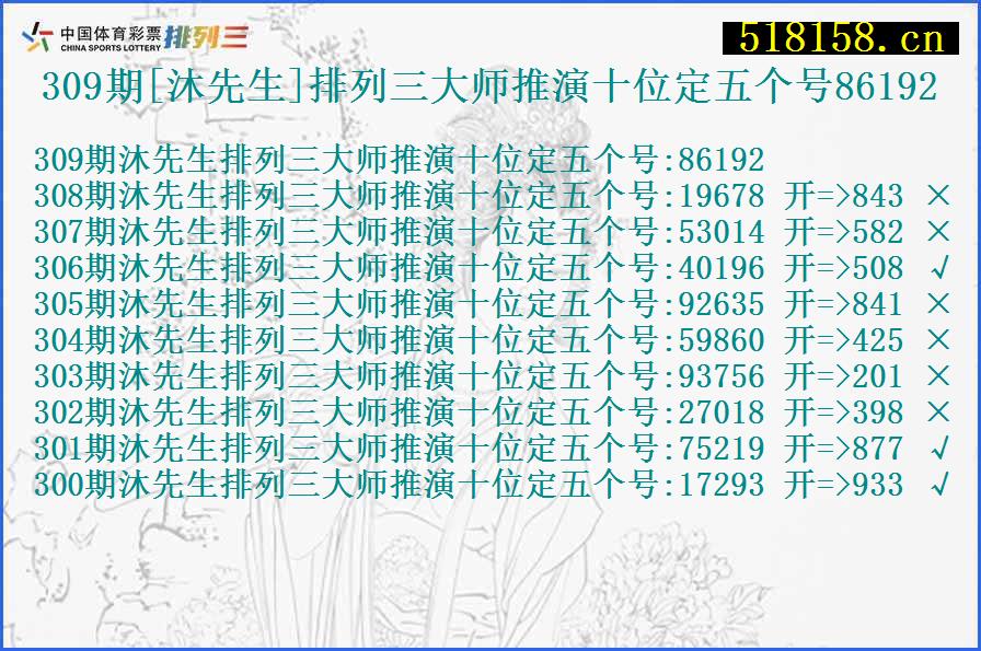 309期[沐先生]排列三大师推演十位定五个号86192