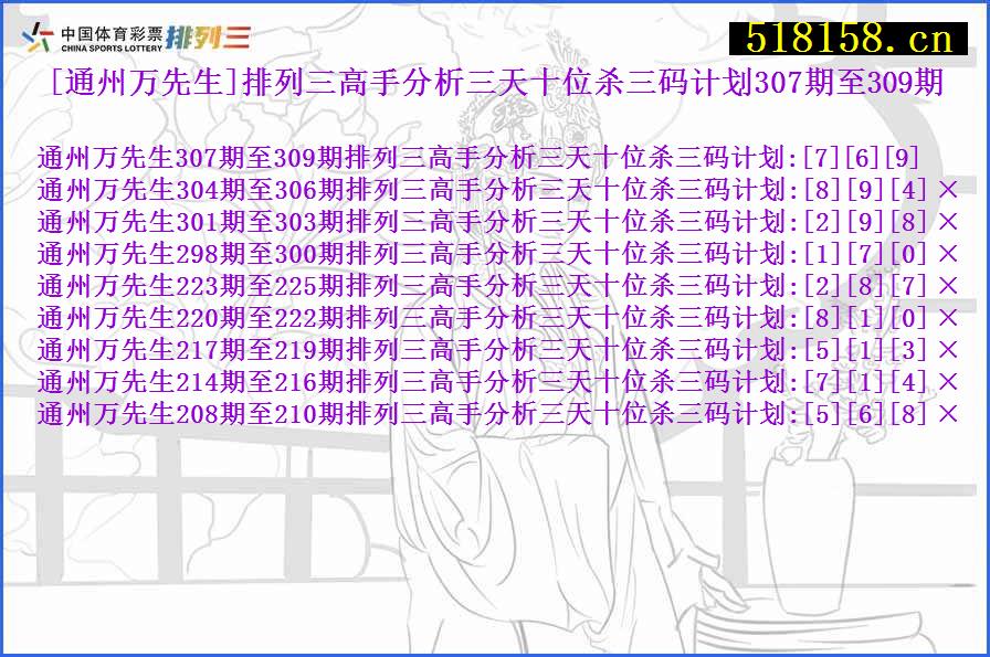 [通州万先生]排列三高手分析三天十位杀三码计划307期至309期