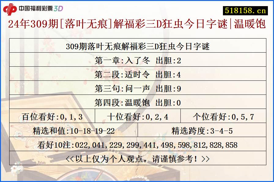 24年309期[落叶无痕]解福彩三D狂虫今日字谜|温暖饱