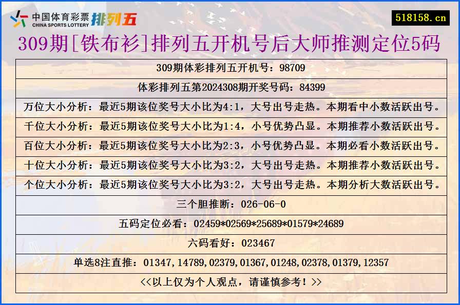 309期[铁布衫]排列五开机号后大师推测定位5码