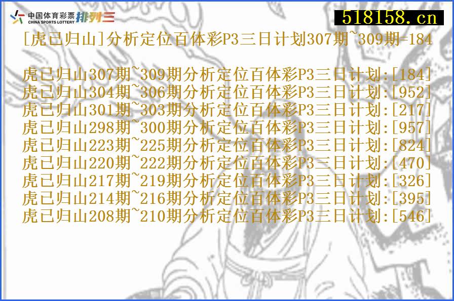 [虎已归山]分析定位百体彩P3三日计划307期~309期=184