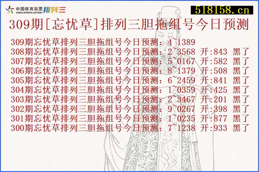 309期[忘忧草]排列三胆拖组号今日预测