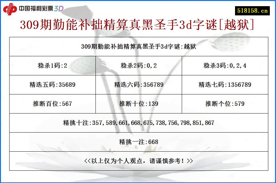 309期勤能补拙精算真黑圣手3d字谜[越狱]