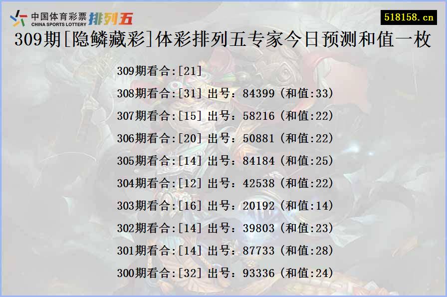 309期[隐鳞藏彩]体彩排列五专家今日预测和值一枚