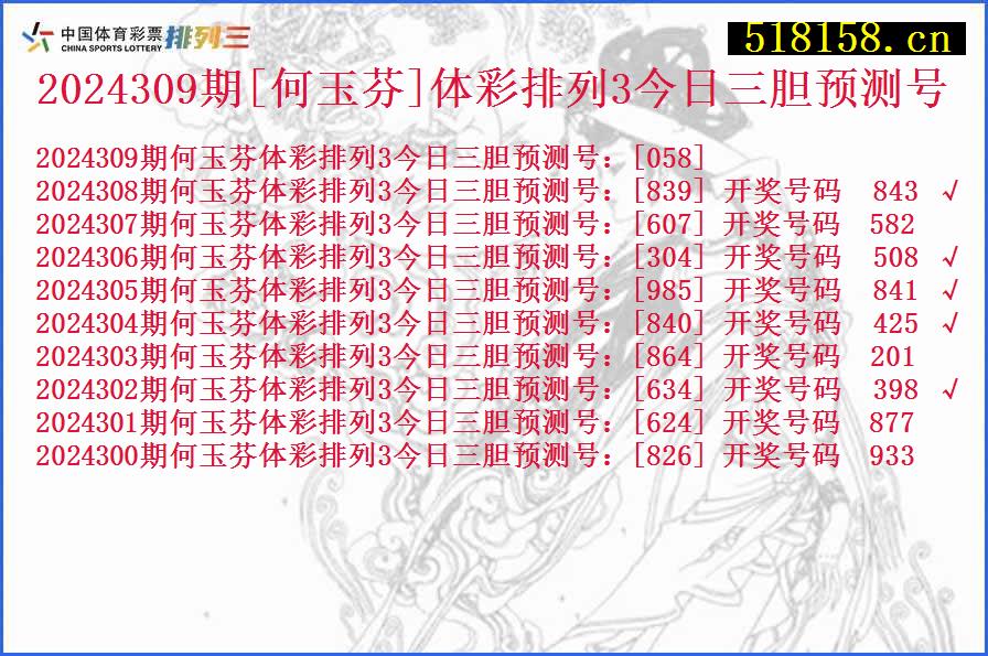 2024309期[何玉芬]体彩排列3今日三胆预测号