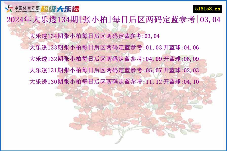 2024年大乐透134期[张小柏]每日后区两码定蓝参考|03,04