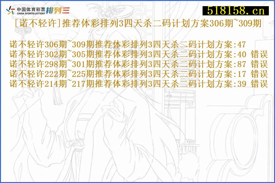 [诺不轻许]推荐体彩排列3四天杀二码计划方案306期~309期