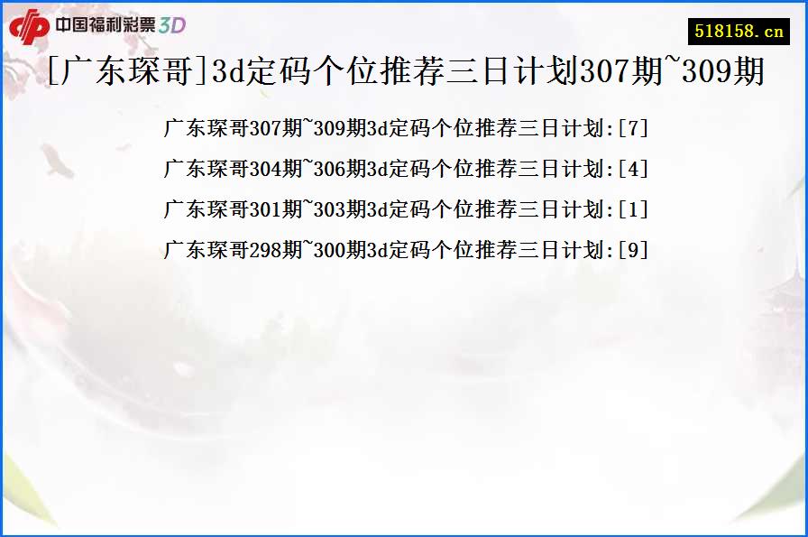 [广东琛哥]3d定码个位推荐三日计划307期~309期