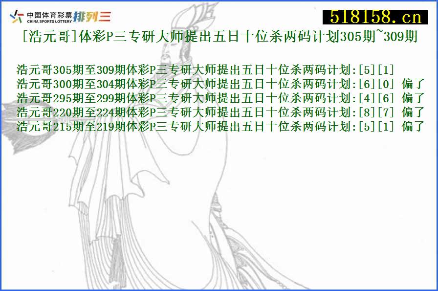 [浩元哥]体彩P三专研大师提出五日十位杀两码计划305期~309期