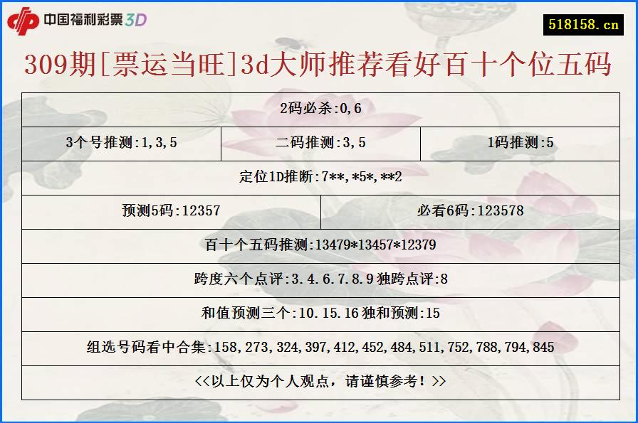 309期[票运当旺]3d大师推荐看好百十个位五码