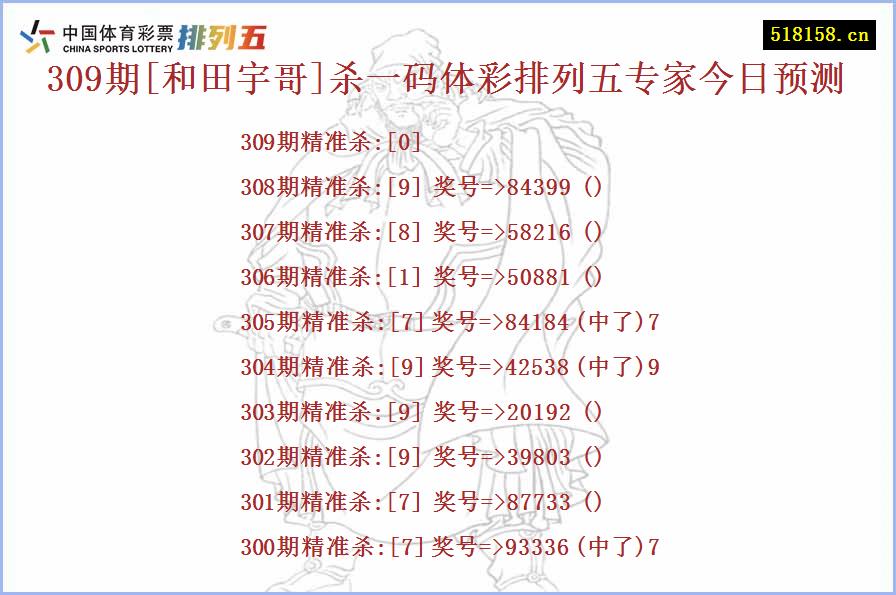 309期[和田宇哥]杀一码体彩排列五专家今日预测