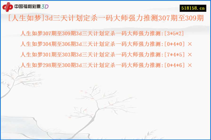 [人生如梦]3d三天计划定杀一码大师强力推测307期至309期