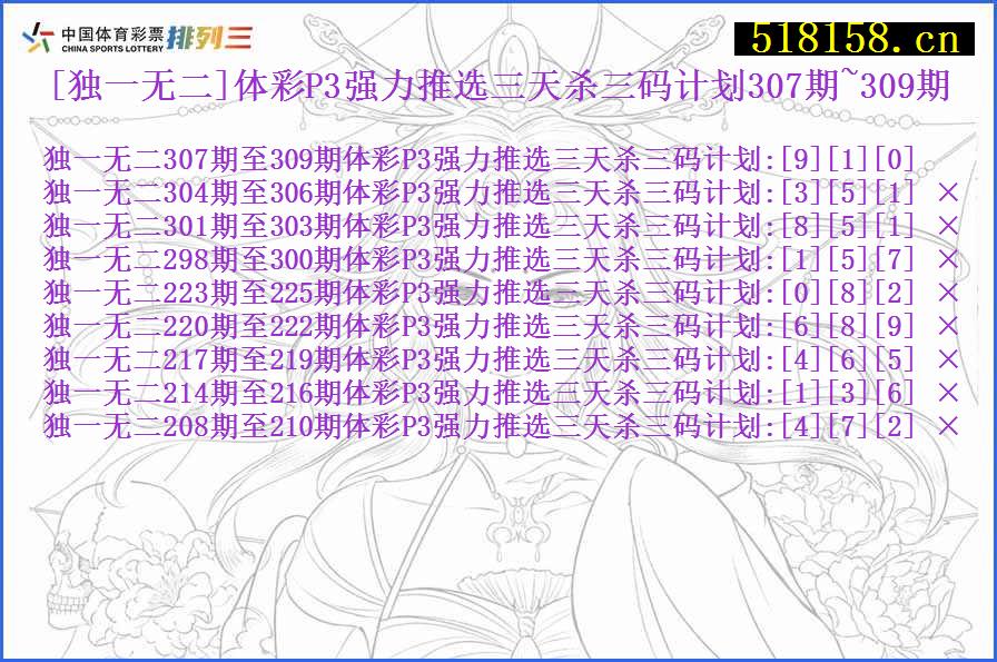 [独一无二]体彩P3强力推选三天杀三码计划307期~309期